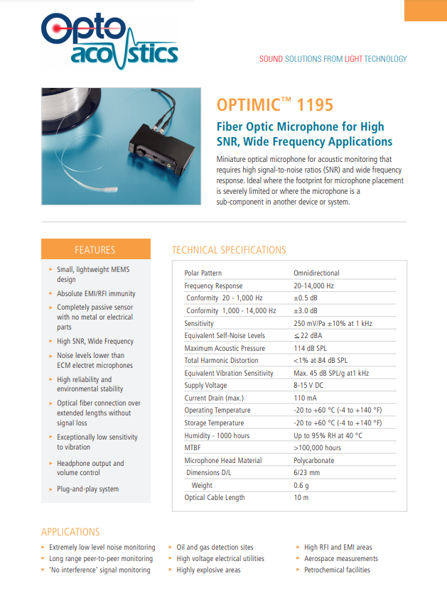 以色列optimic1195光纤麦克风/高信噪比光纤麦克风1195-PB (or FB)