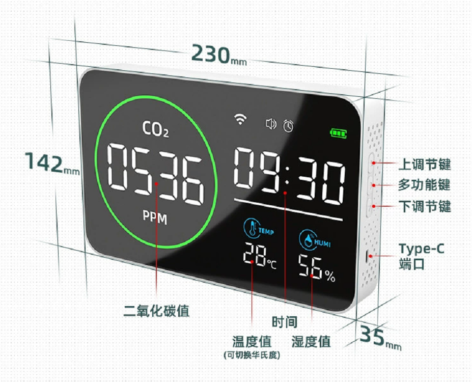 CO2检测器/便携式温湿度空气质量监测仪/WIFI红外二氧化碳检测仪PV1000-DW
