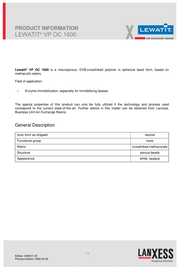 德国Lanxess朗盛lewatit VPOC1600水处理树脂（规格：1L）VPOC1600