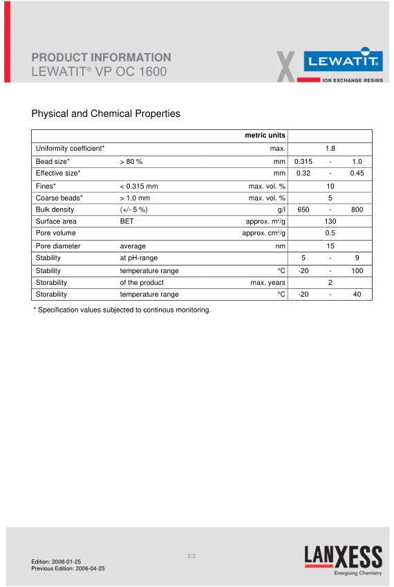 德国Lanxess朗盛lewatit VPOC1600水处理树脂（规格：1L）VPOC1600